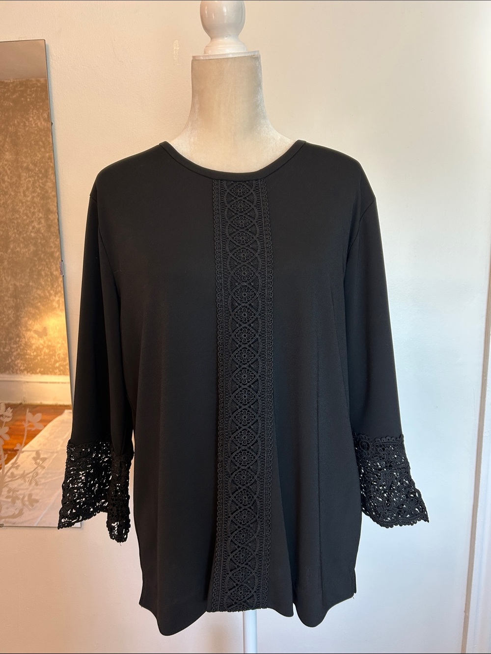 Karl Lagerfeld Black Long Sleeve Top with Crochet Trim